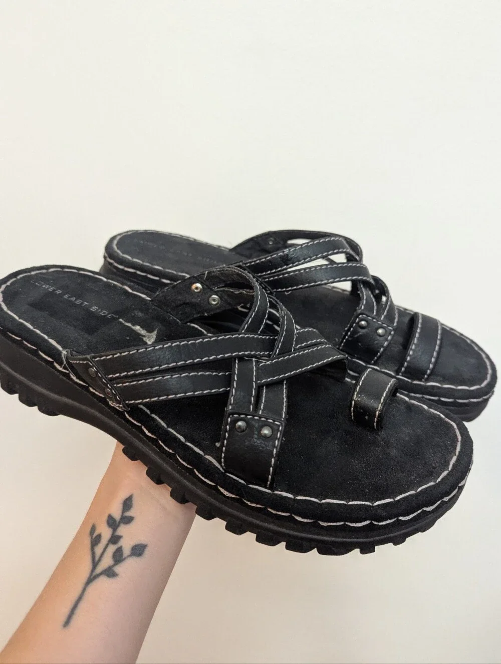 Vintage 90s Lower East Side Chunky Platform Strappy Slide Sandals Black Leather